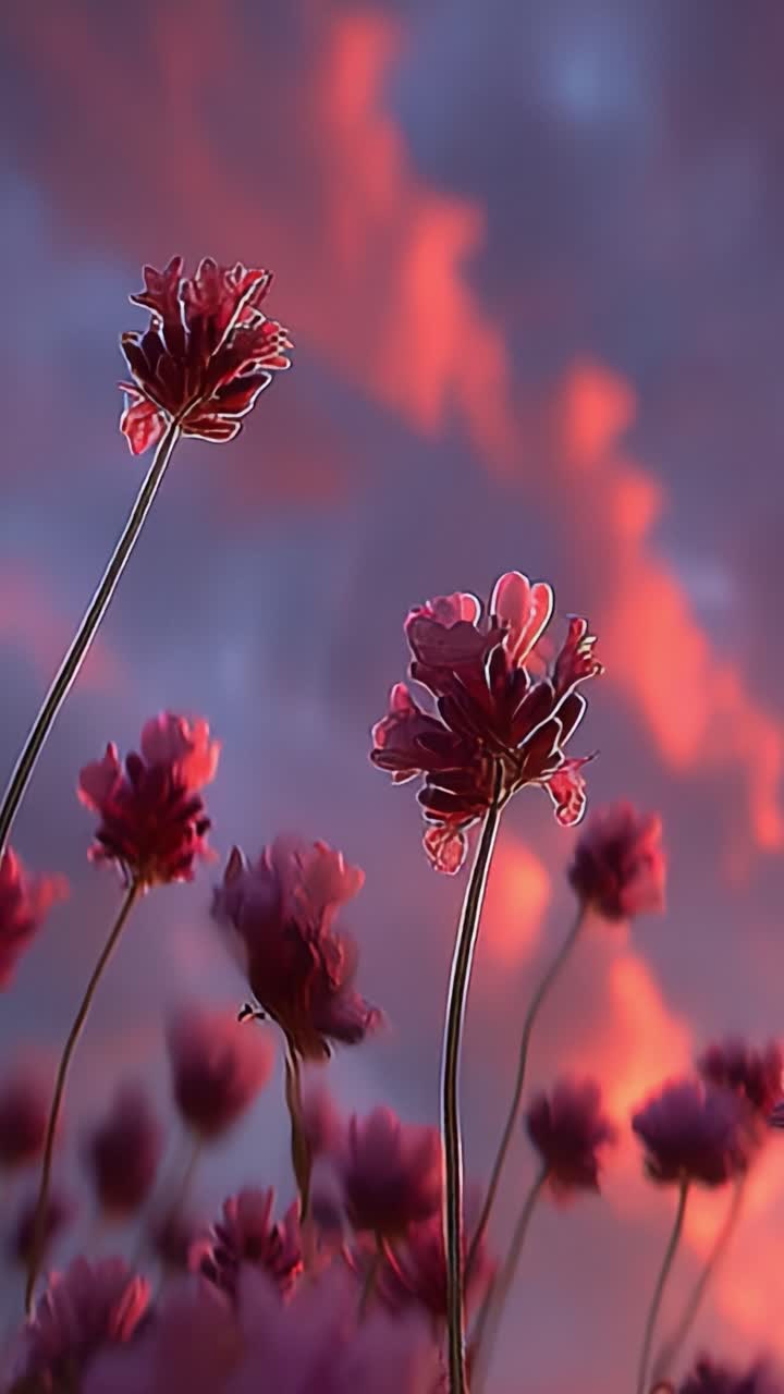 A stunning display of vibrant flowers against a backdrop of colorful clouds, capturing the essence of nature's beauty during twilight with rich hues blending harmoniously