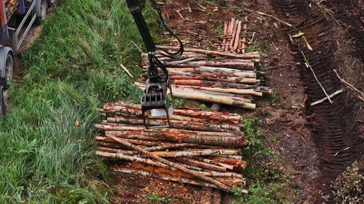 Slow motion aerial shows hydraulic grapple loading logs in rural Latvia