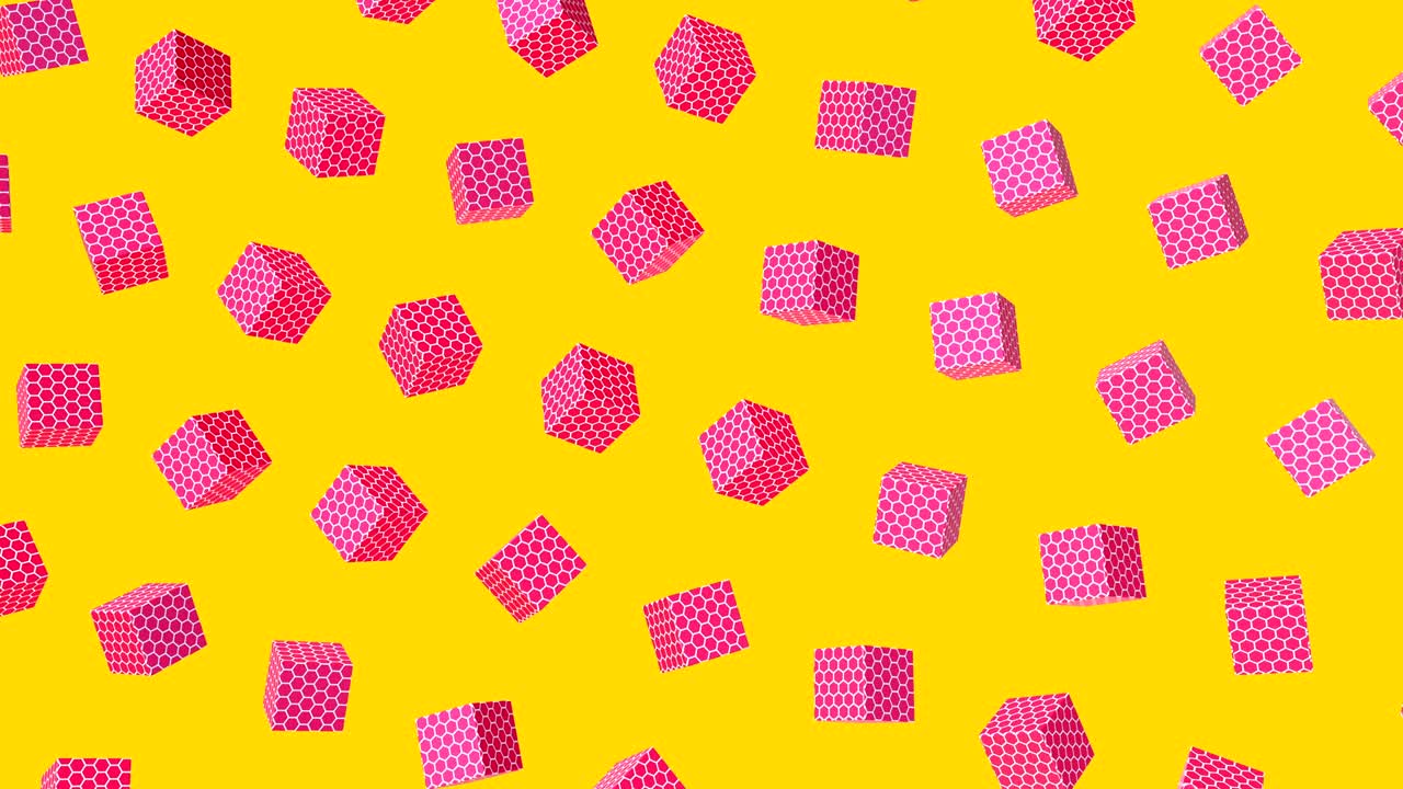 날아다니는 또는 떠다니는 간단한 기하학적 큐브와 함께 추상적인 다채로운 배경, 다채로운 장식적인 loopable 3d 애니메이션, 밝은 현대 모션 구성.