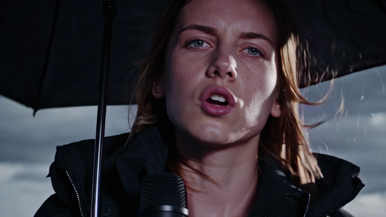 Woman with Umbrella on a Stormy Cliffside