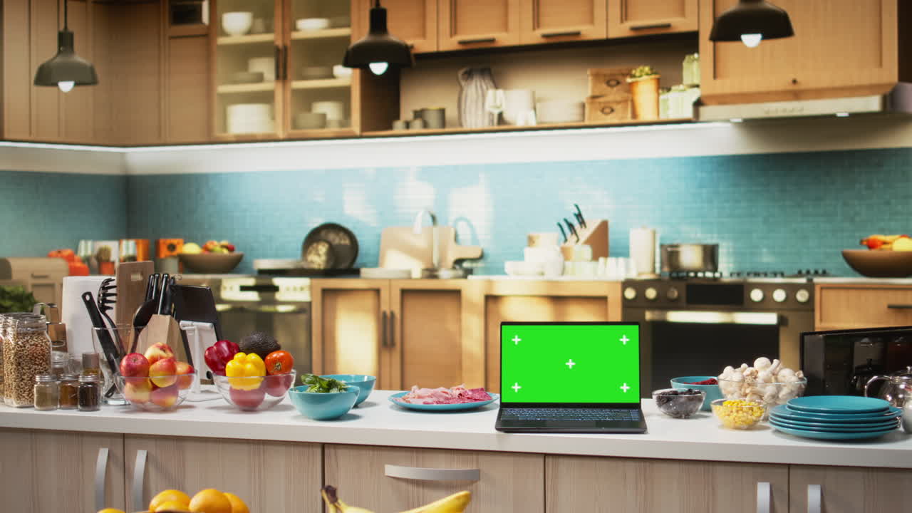 Green screen on a laptop placed on empty table in rustic kitchen space