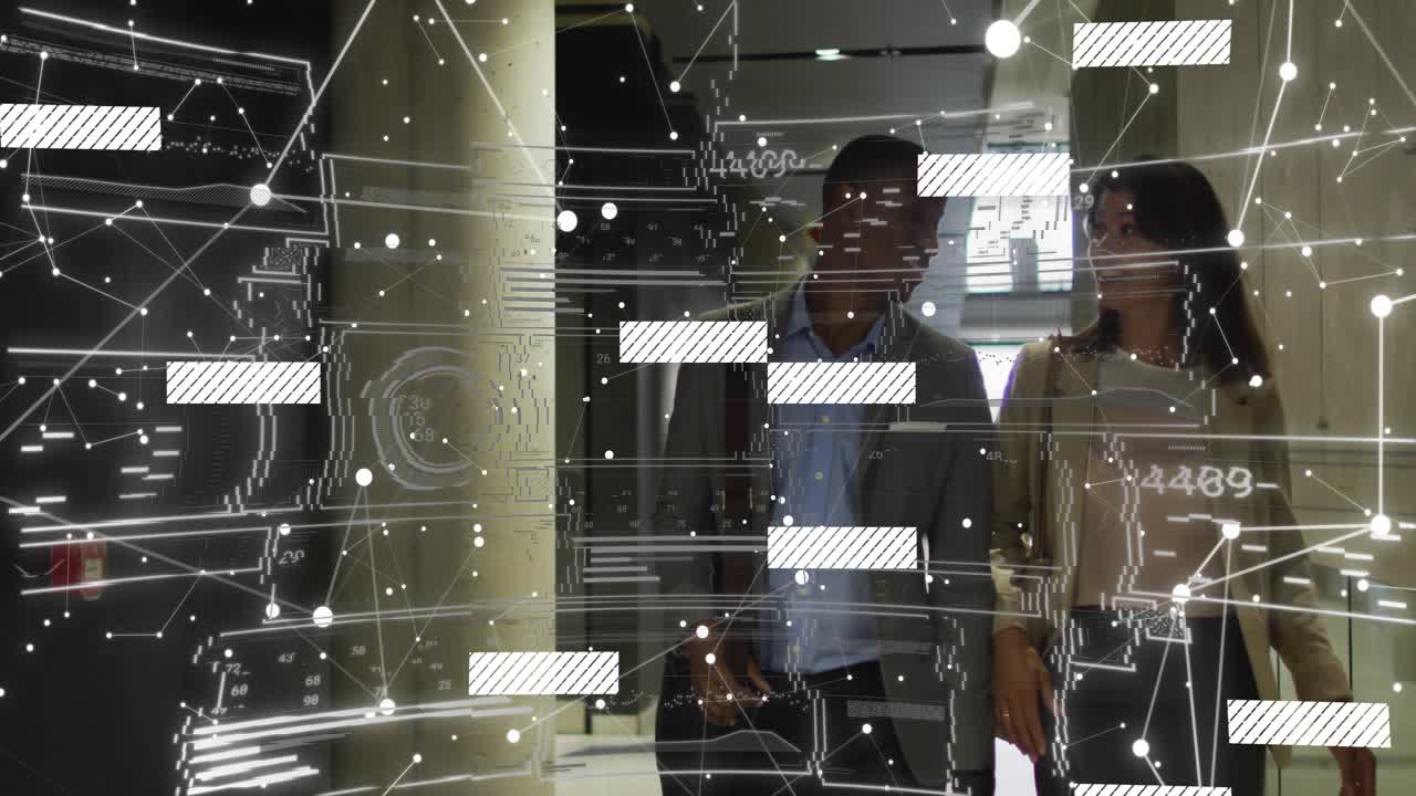 Business team approaching camera, walking and discussing work while data overlay intersecting