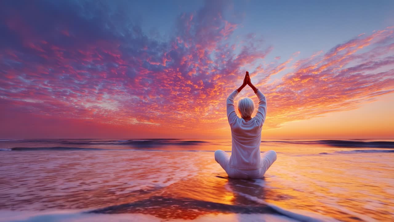 Serene Sunset Meditation by the Ocean: A Tranquil Figure in White Clothing Sits on the Beach, Engaged in Deep Reflection While Admiring the Vibrant Colors of Twilight
