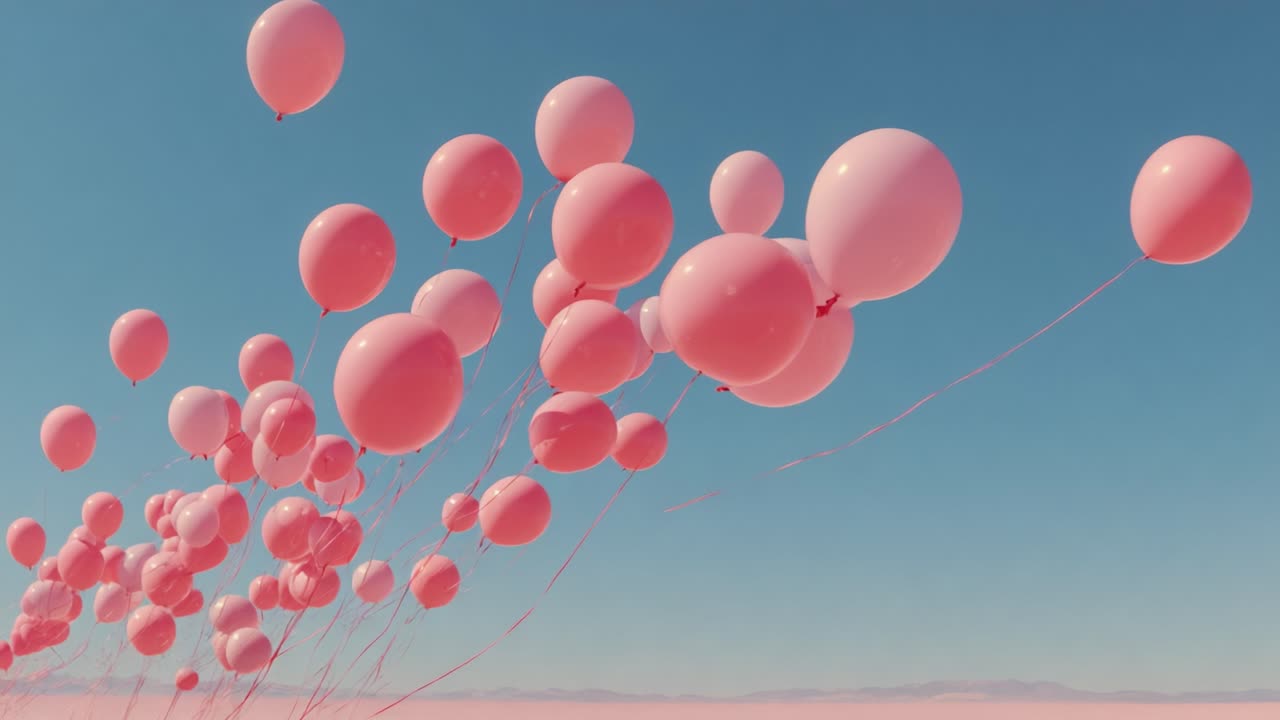 A captivating display of vibrant pink balloons soaring against a clear blue sky, creating a whimsical and joyful atmosphere filled with uplifting energy