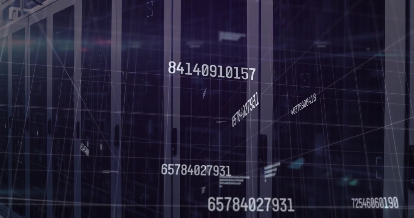 Central server cabinets streaming numeric code, digital grid lines crisscrossing hall flat design