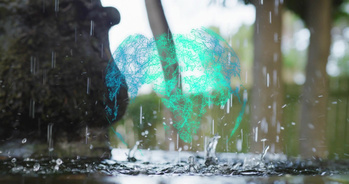 Stone spout pouring water causing wireframe fragments emerging rotating digital globe above basin