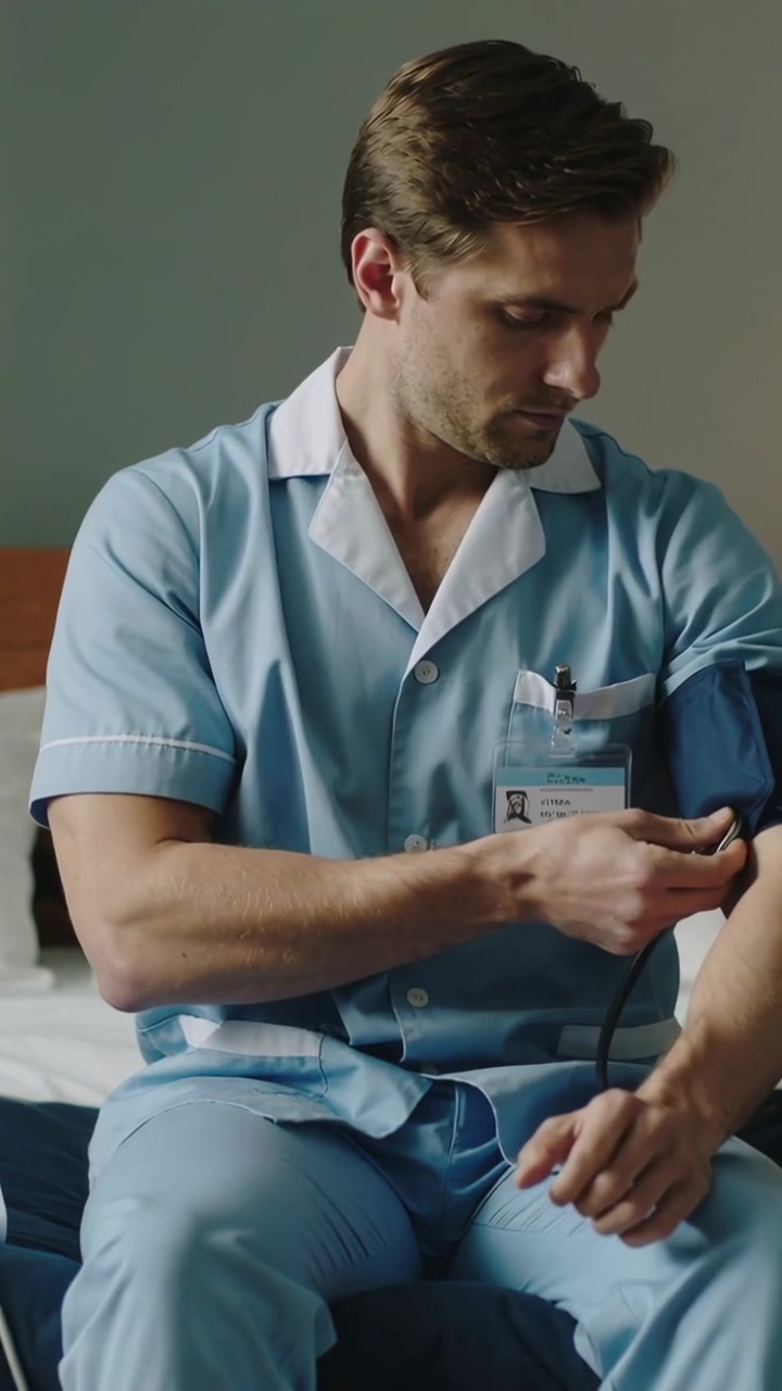 Video verticale: Operatore sanitario in divisa che si protende, avvolgendo il bracciale e controllando la pressione sanguigna sul letto con uno stetoscopio.