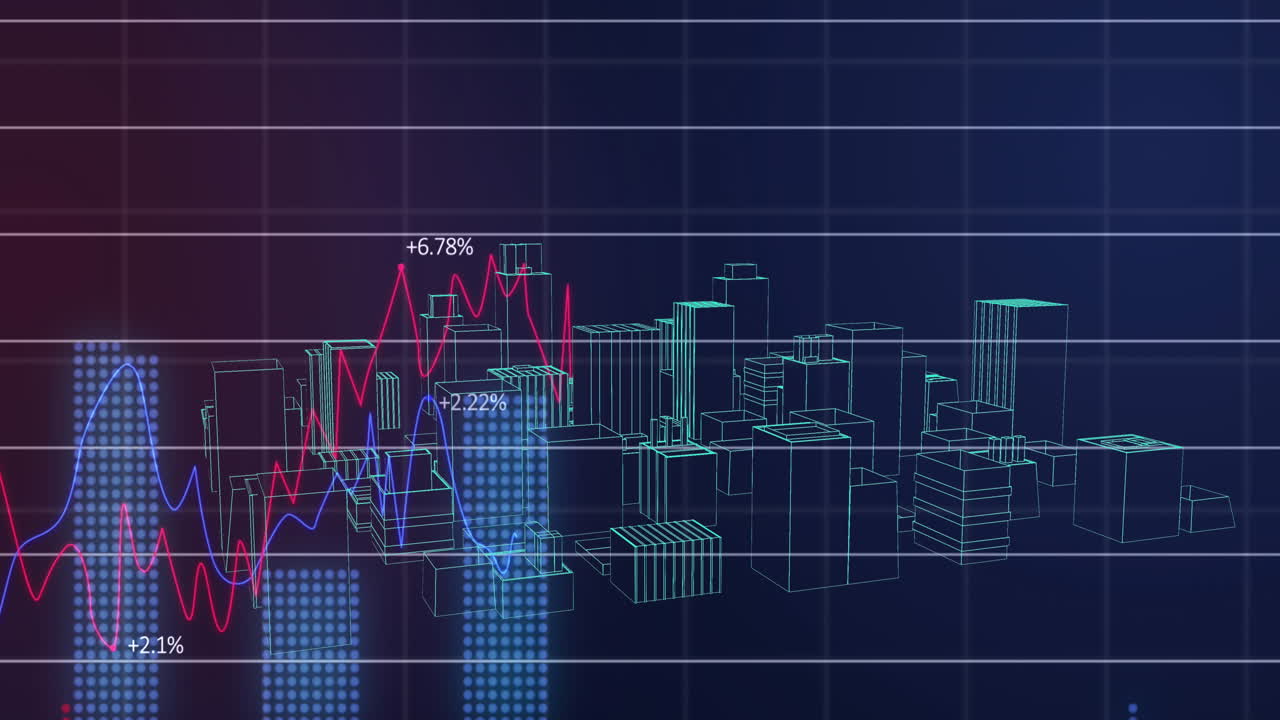 procesamiento de datos financieros sobre el modelo 3d del paisaje urbano.