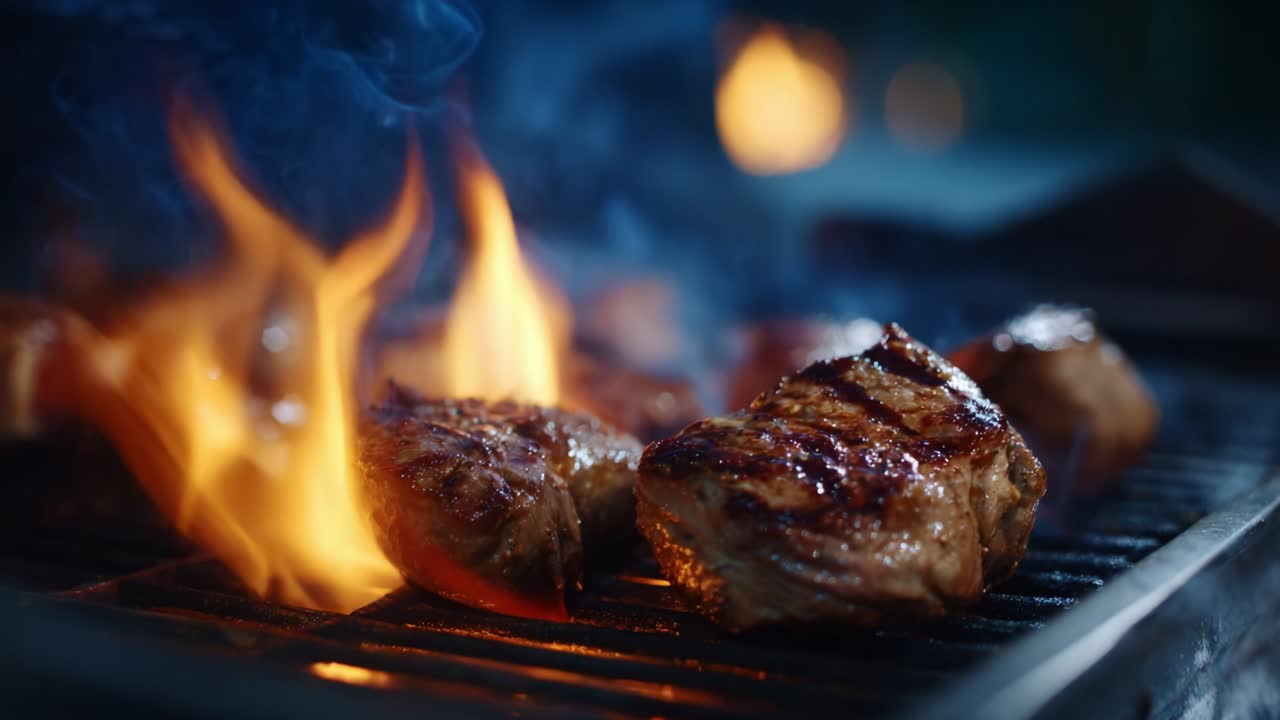 Sizzling Barbecue Feast: Captivating Frames Show Flavorful Meat Grilling Over Open Flames, Juicy Cuts Seared Perfectly, Smoke Rising, and Ambiance Enhancing the Outdoor Culinary Experience