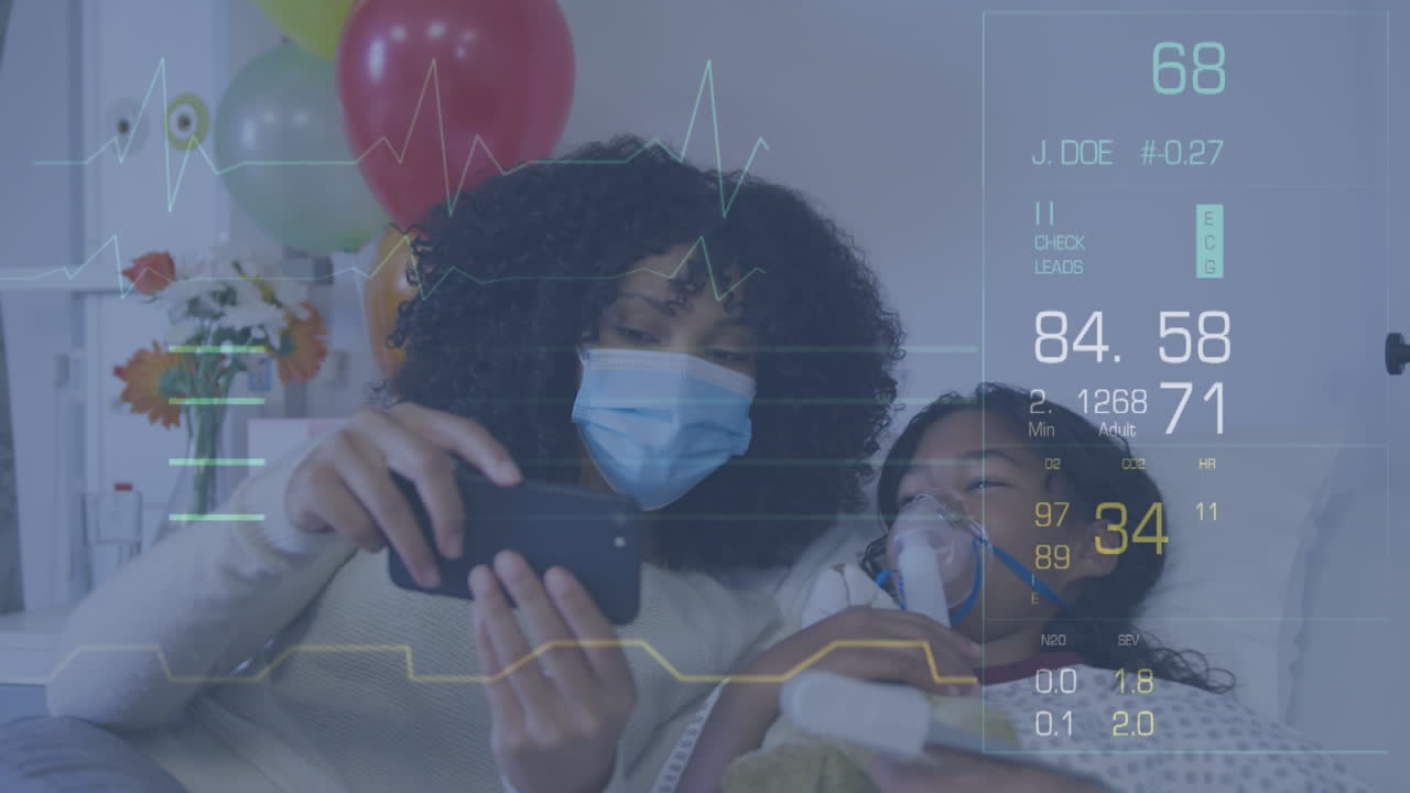 병원에서 스마트폰을 사용하는 아프리카계 미국인 어머니와 딸의 의료 화면의 애니메이션