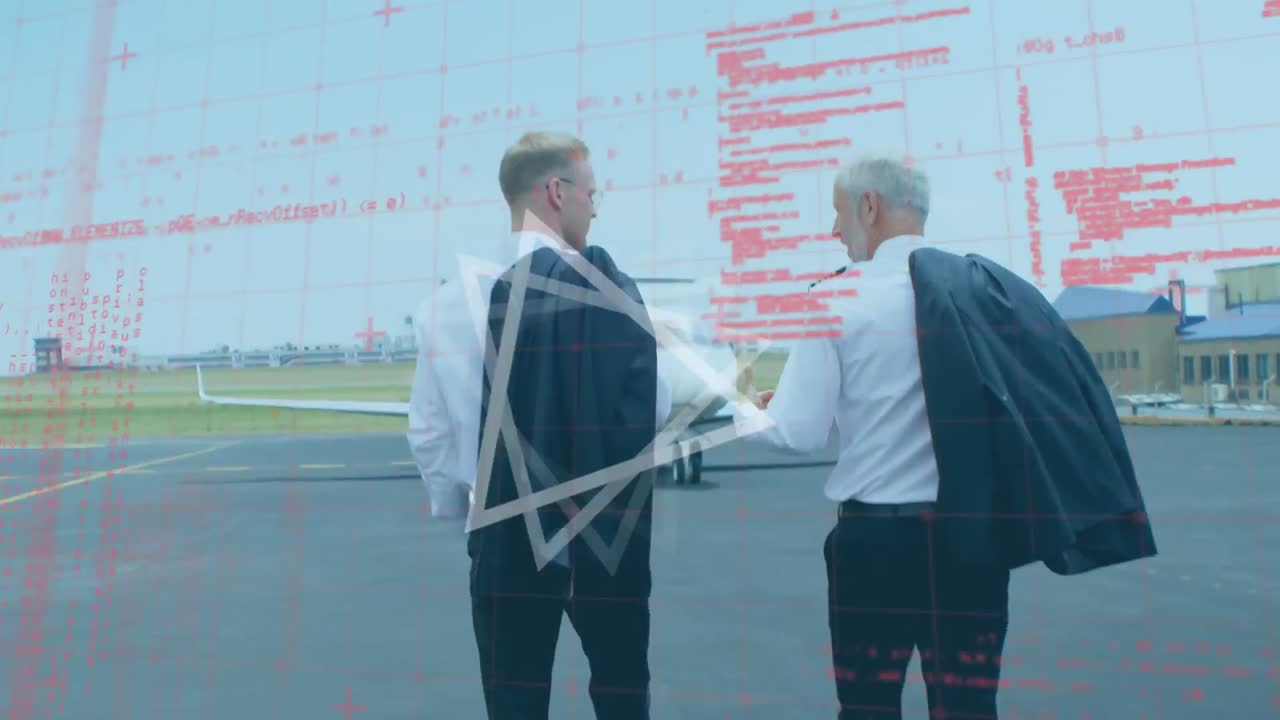 코카서스 두 조종사가 공항 활주로에서  ⁇ 는 동안 이야기하는 동안 추상적인 모양과 데이터 처리