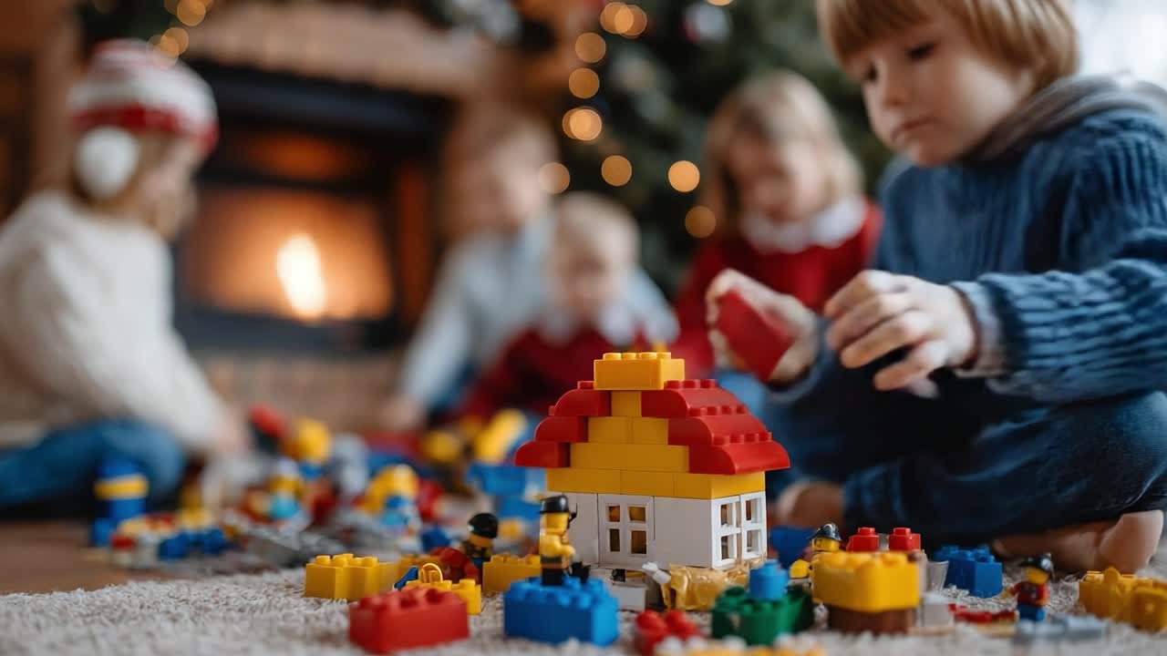 Children Engaged in Creative Play with Colorful Building Blocks, Constructing a Vibrant Lego House Amidst a Cozy Holiday Atmosphere