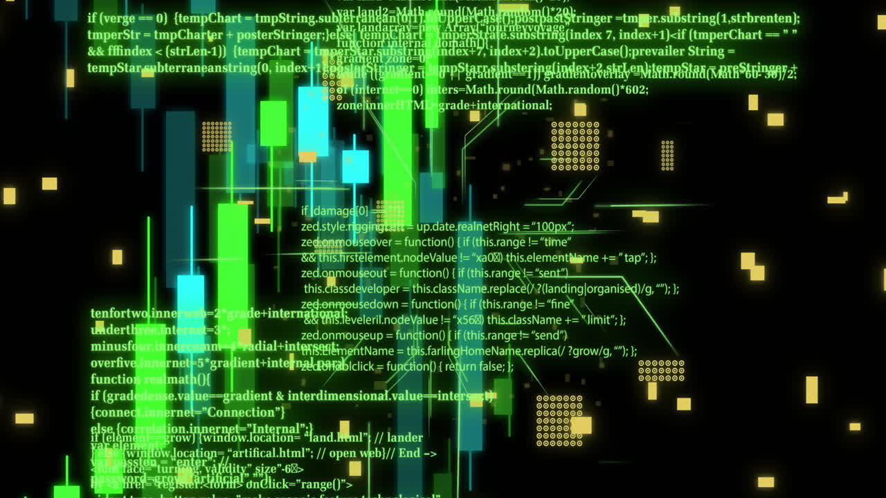 Animation of financial data processing over circuit board background
