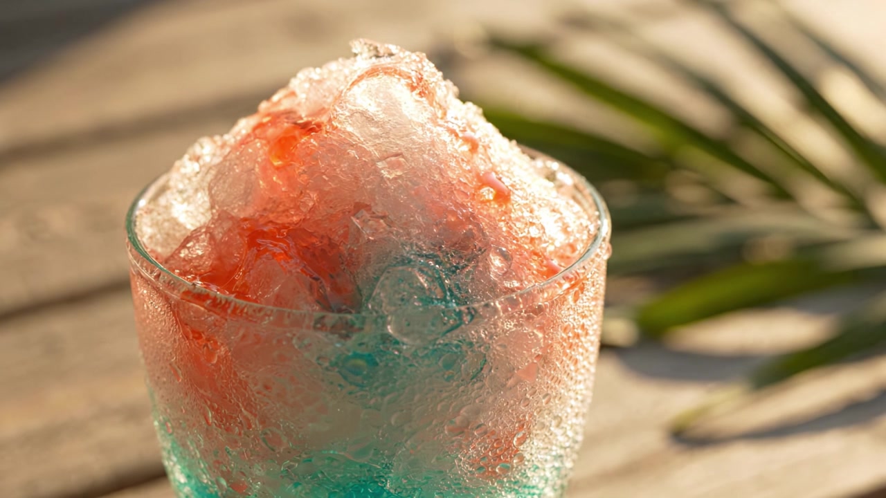 A Refreshing Colorful Shaved Ice Treat with Vibrant Red and Blue Layers Served in a Glass Cup, Enhanced by the Sparkling Effects of Frosty Bubbles
