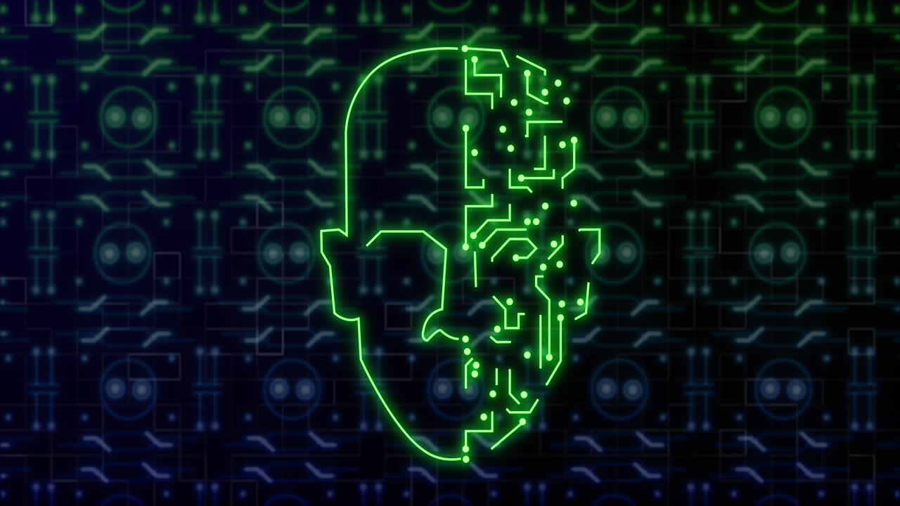 animación de la cabeza digital sobre la red de conexiones y formas