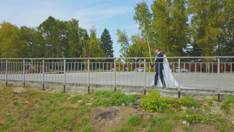 Pareja-De-Recién-Casados-Camina-A-Lo-Largo-De-La-Valla-En-El-Parque-Verde