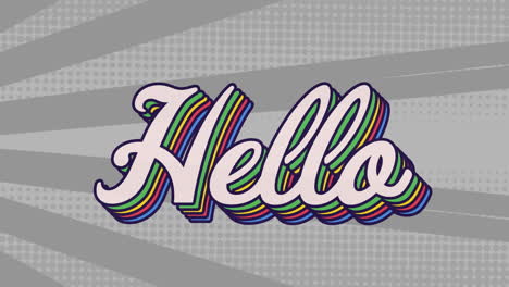 animación digital del texto de saludo con efecto de sombra de arco iris contra un fondo radial gris