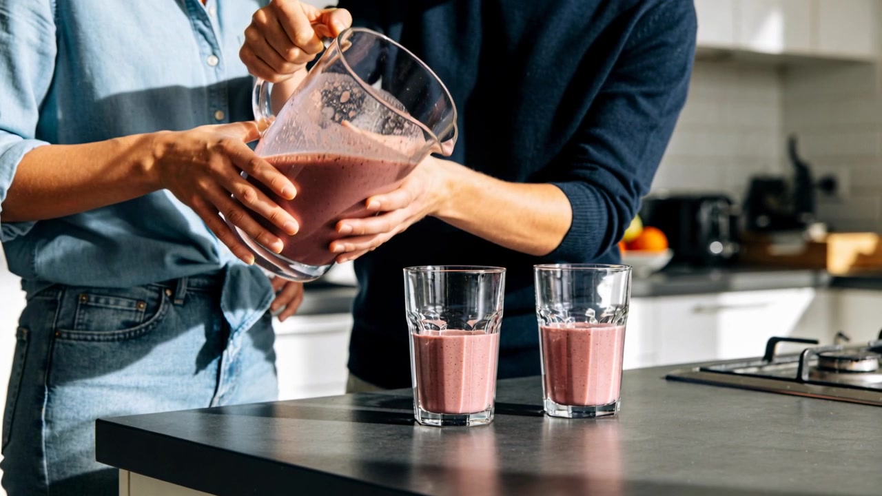 Coppia in maglietta blu e top scuro che inclina la brocca, versando frullato rosa in cucina, riempiendo i bicchieri.