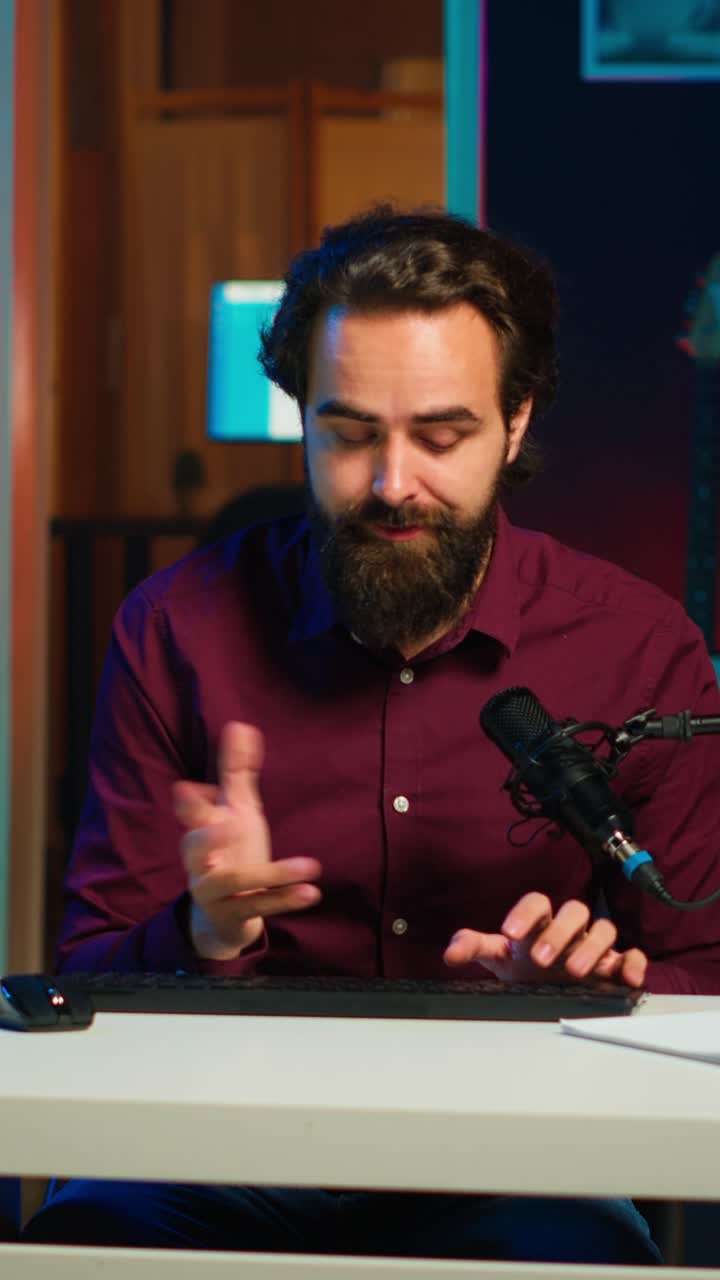 Video verticale: uomo che filma un video per un canale online, presentando mouse e tastiera