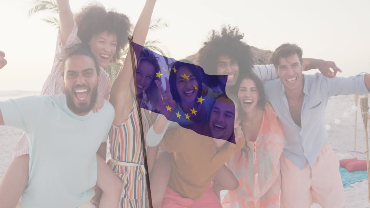 Posing with European Union flag, friends celebrating on beach with animation