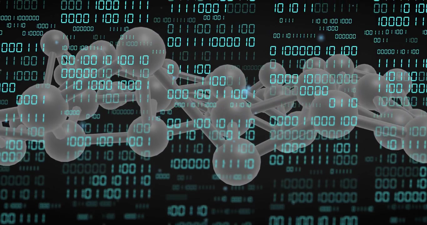 Translucent chain shifting and rotating to center as turquoise binary refreshes, showing simulation
