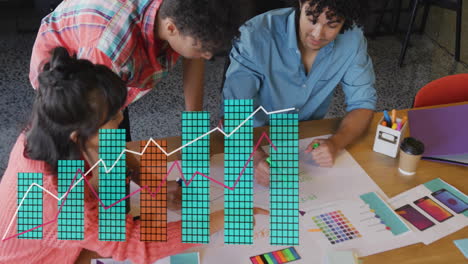 animation of financial data processing over diverse business people in office