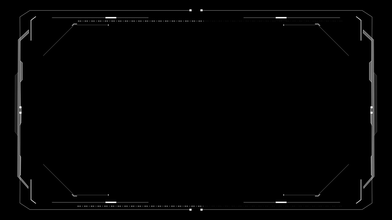 Sfondo con cornice HUD minimale, offre spazio nero per il testo con linee di bordo pulite e futuristiche, angolo tecnologico.