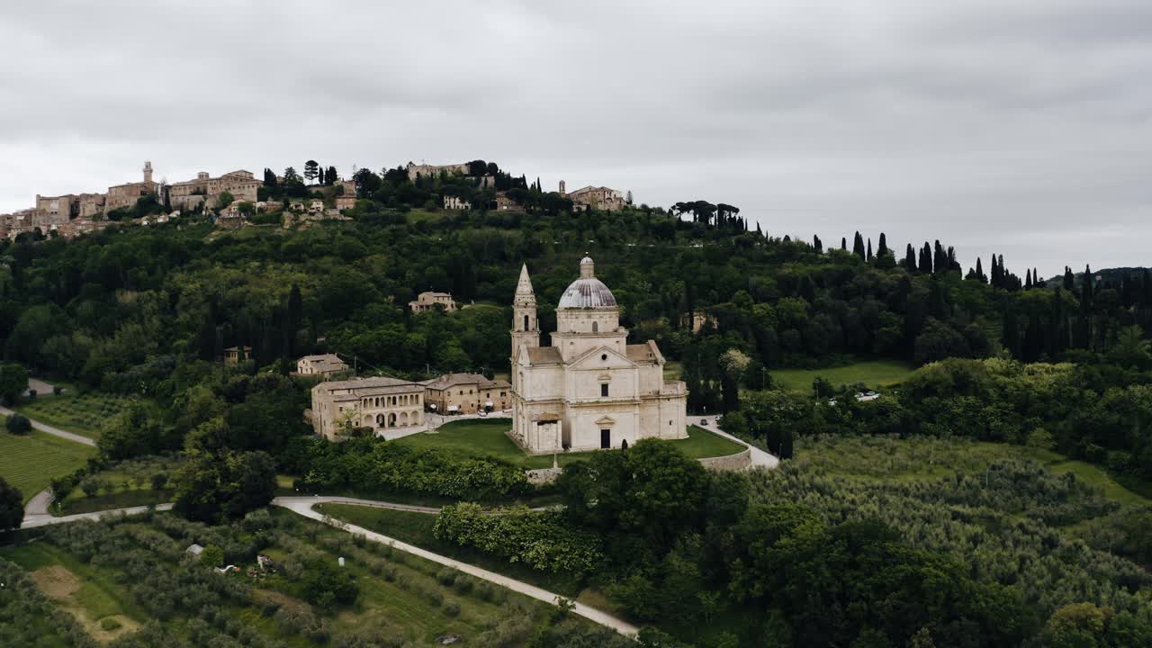 Aerial view of a remote monastery in Italy's countryside