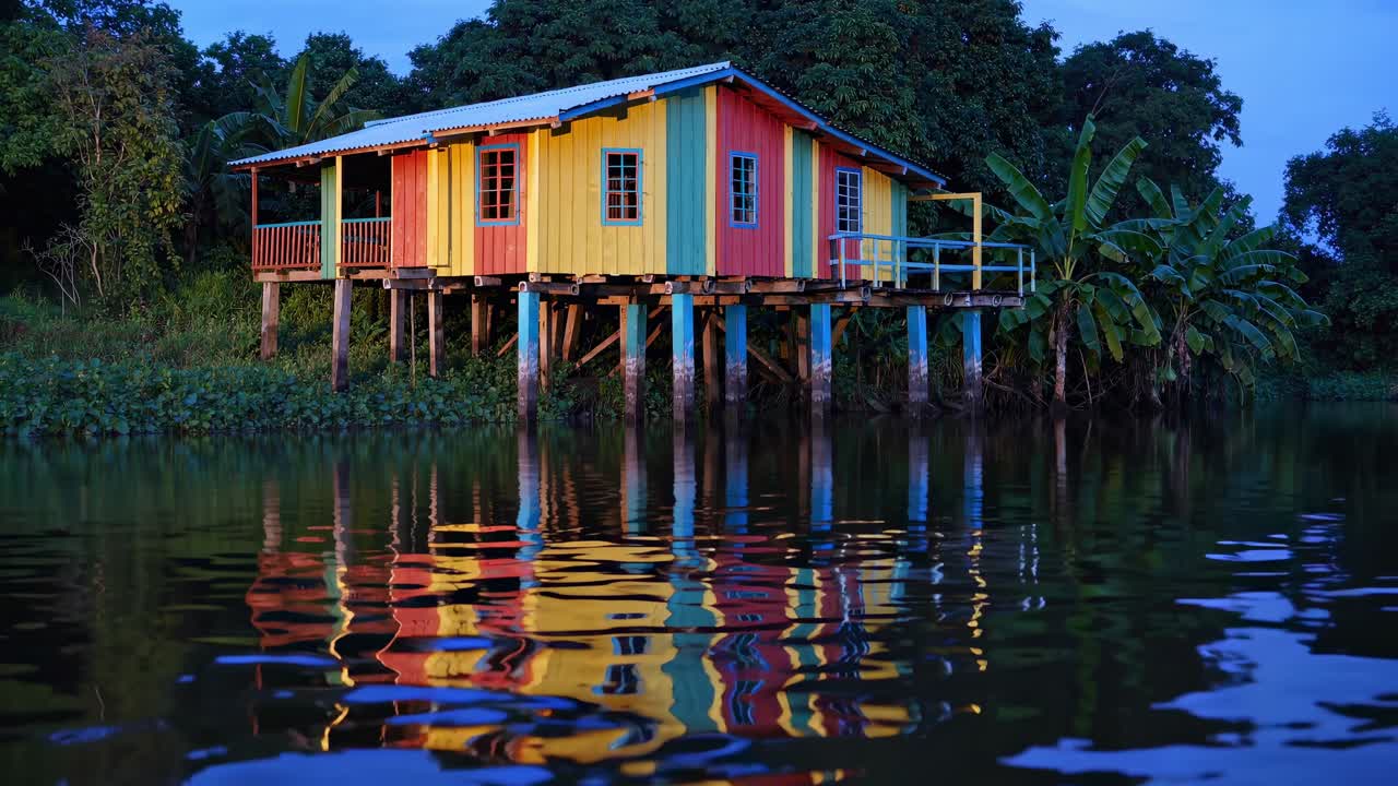 Colorful stilt house reflecting in the water