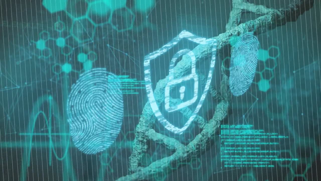 animación de candado, huellas dactilares, cadena de adn y procesamiento de datos sobre fondo verde
