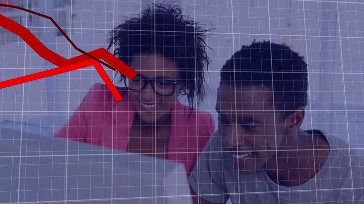 Animation of digital data processing over african american man and woman