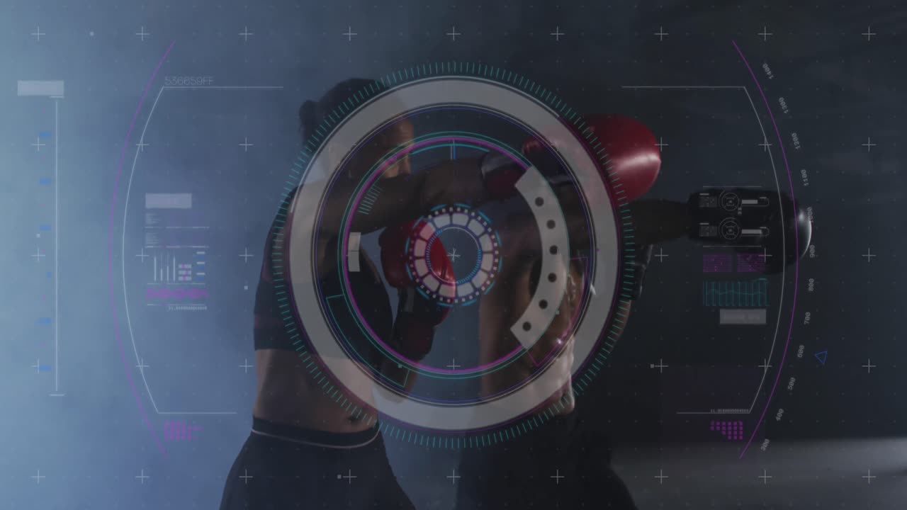 animación de estadísticas y gráficos sobre hombres y mujeres haciendo ejercicio con guantes de boxeo