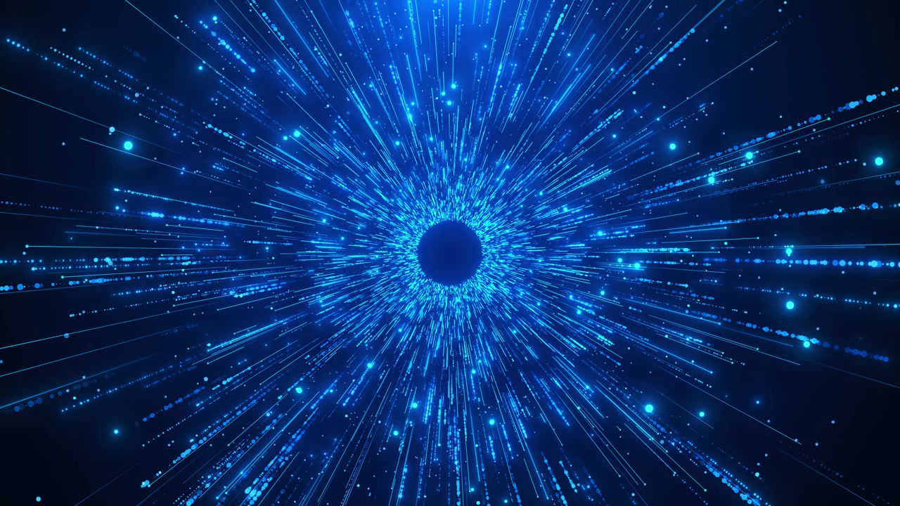 Futuristic blue digital particle explosion background cyan streaks radial motion glowing lines and