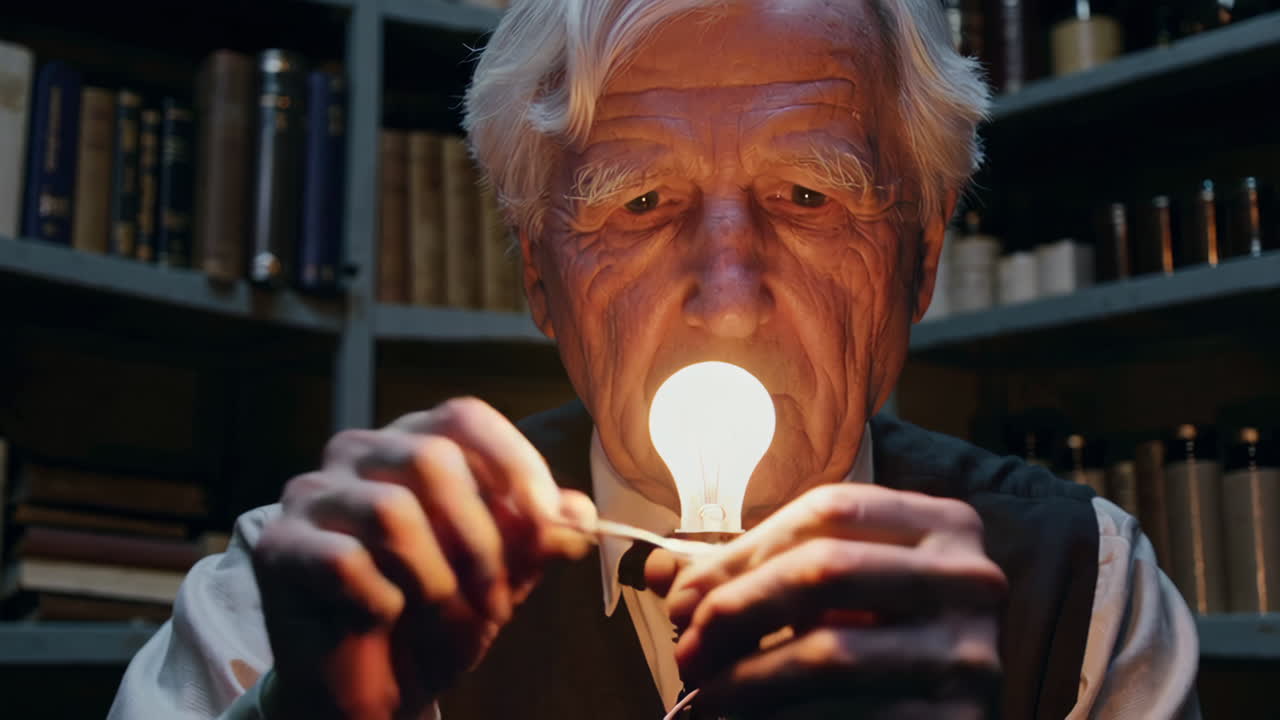 Old Man Examining a Light Bulb in a Library