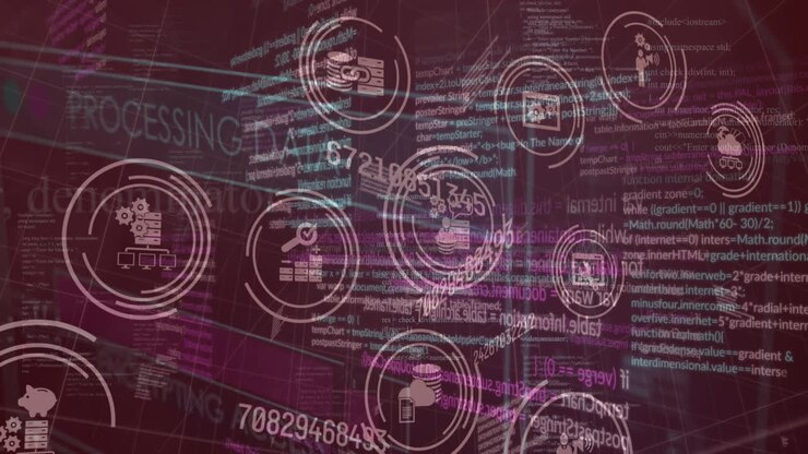 Animation of multiple digital icons and interface with data processing on pink gradient background