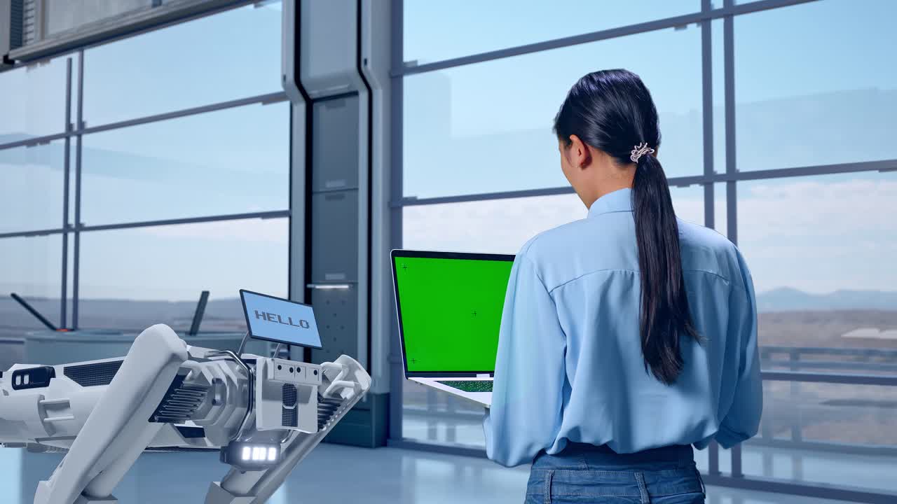 하이테크 공장에서 서있는 아시아 여성 직업 노동자의 뒷면, 로 개, 녹색 화면으로 노트북 키보드에 타이핑하고 공장을 한 번 보십시오.