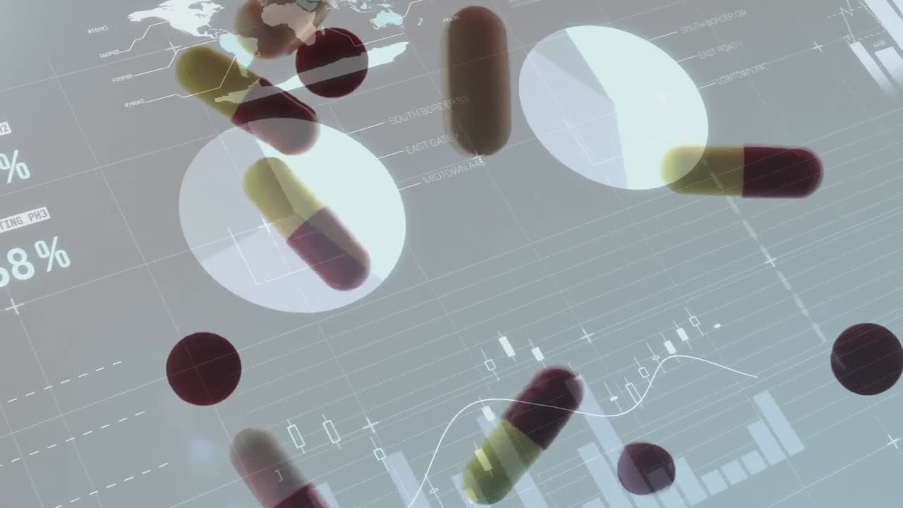 떠다니는 다이어그램, 원, 세계 지도 및 떨어지는 알약에 대한 데이터 처리 애니메이션