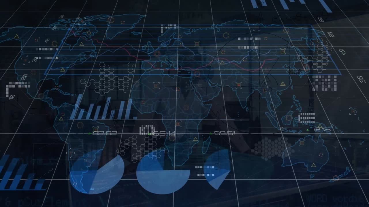 Animation of world map with data processing over caucasian businessman using vr headset