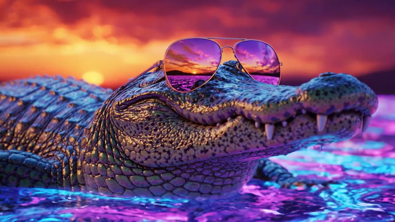 Un coccodrillo alla moda che si gode un tramonto vibrante, con occhiali da sole alla moda, in una piscina d'acqua colorata inondata di sfumature viola e rosa