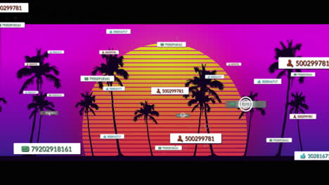 animación de barras de notificación sobre silueta de árboles y sol contra fondo de gradiente