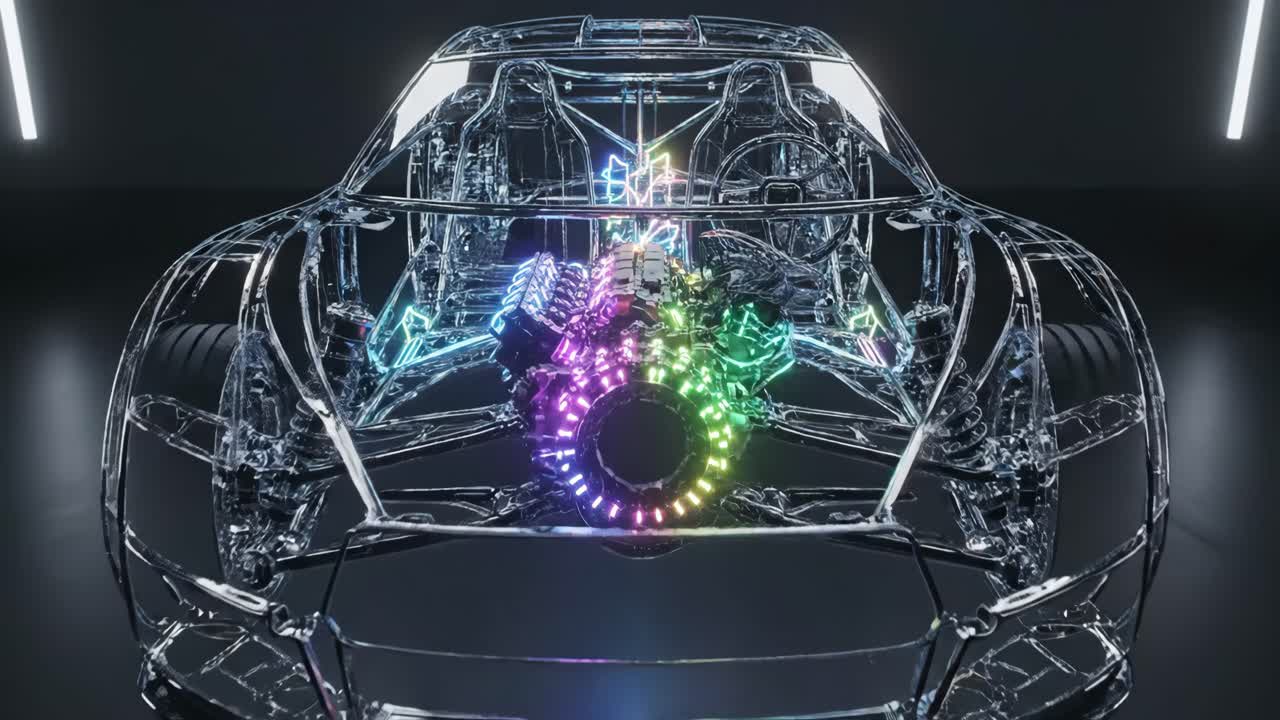 Transparent Car Engine with Neon Lights