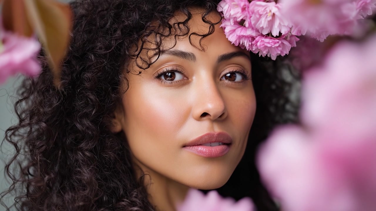 Captivating Portrait of a Young Woman Framed by Lush Pink Flowers, Highlighting Her Curly Hair, Natural Beauty, and Radiant Expression in a Serene Environment