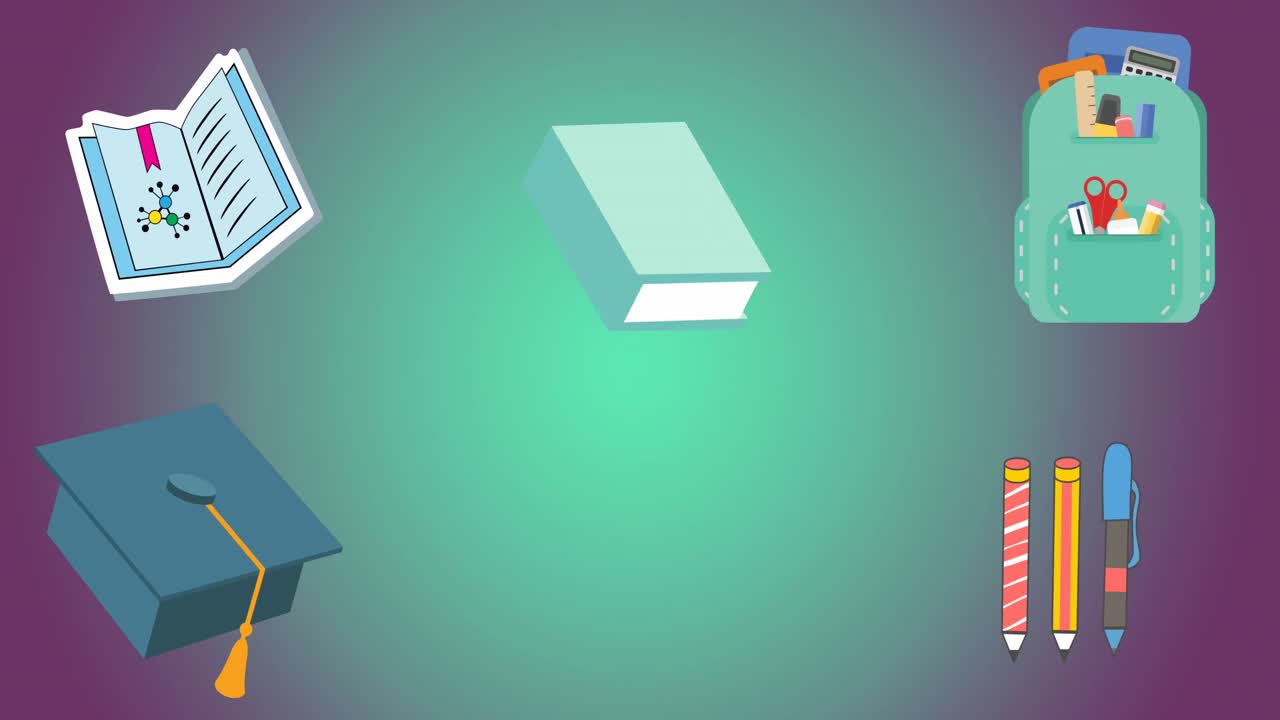 animación de múltiples iconos de concepto escolar contra el espacio de copia en un fondo de gradiente púrpura