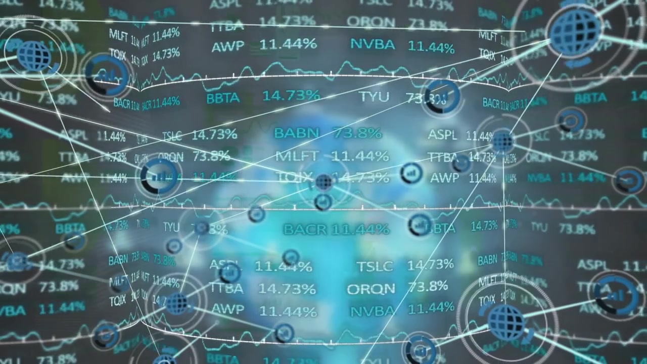 Animation of network of digital icons over stock market data processing against grey background