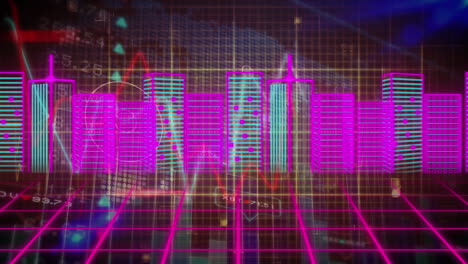 animación de líneas de neón con ciudad digital sobre procesamiento de datos en fondo negro