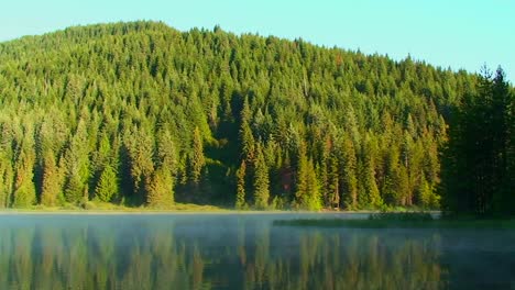 Dampf-Bewegt-Sich-über-Den-Trilliumsee,-Der-Von-Pinien-Umgeben-Ist-Und-In-Der-Nähe-Von-Mt-Hood-In-Oregon-Or