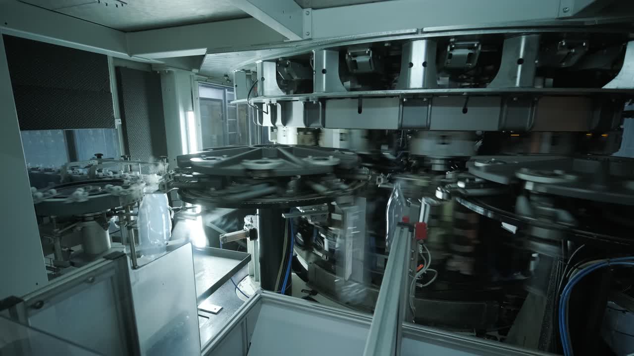 Automatic filling machine pours water into plastic PET bottles at modern beverage plant