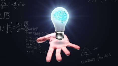 animation of bulb with brain over caucasian man hand and math formulas on black background