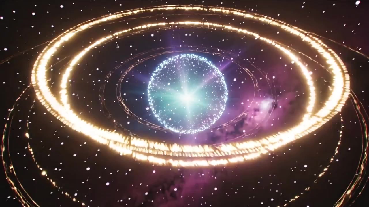 Pulsing turquoise sphere emitting expanding golden particle rings in space from central flare