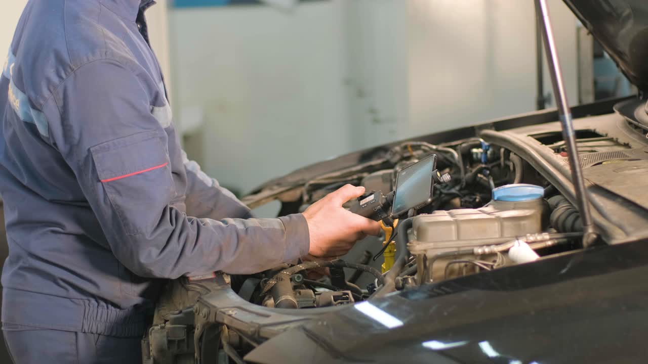 manos de mecánico de automóviles comprobar el motor del vehículo con endoscopio técnico con cámara rotativa y teléfono móvil. reparación de la cabeza del motor y las válvulas.